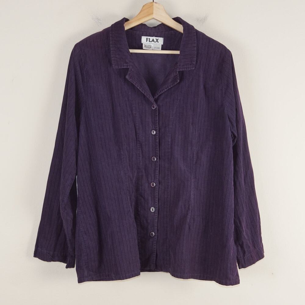 FLAX Jeanne Englehart Purple Striped Fine Corduroy Relaxed Loose Button Top M